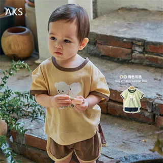 babytk ✨พร้อมส่ง✨ เสื้อยืดแขนสั้นสีเหลือง ลายน้องหมีขาว + กางเกงขาสั้นสีน้ำตาล