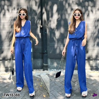 💕🧃ชุดเที่ยว New Arrival !!!!!! Drawstring Waist Jumpsuit จั้มสูทคอวีแขนกุด แต่งกระดุม 3 เม็ด