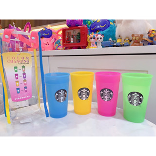 Starbucks Korea ⭐️ Color changing cold cups แก้วใส่เครื่องดื่มเย็น เปลี่ยนสีได้ จำนวน 4 ใบ ขนาด 355 ml พร้อมถุงใส่