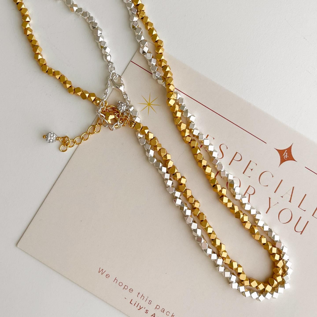 LAC.COLLECTION - Stone Necklace/ สร้อยคอและสร้อยข้อมือลูกปัดทรงลุกเต๋า สีเงิน และ สีทอง