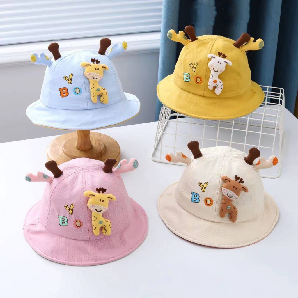 [พร้อมส่ง] หมวกเด็ก 4เดือน - 2ปี รอบหัว:46-48 cm. หมวกบักเก็ต (Bucket) ติดตุ๊กตายีราฟ หมวกปีกรอบแฟชั่นเด็ก