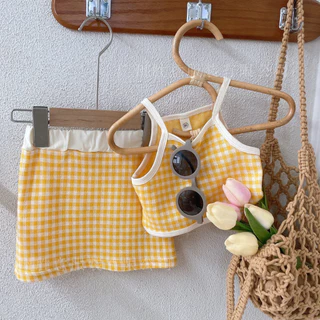 Babyonline(Y013)D1 (ส่งด่วน1วัน)ชุดเช็ตแฟชั่นเด็กผู้หญิงเสื้อสายเดี่ยวกระโปรงเอวสม็อคสั้นลายสก็อต ผ้าฝ้าย นิ่ม ใส่สบาย