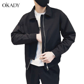 OKADY เสื้อแจ็คเก็ตผู้ชายแฟชั่นสไตล์เกาหลีสีทึบซิปหลวมเสื้อแจ็คเก็ตลำลองคอกลมเสื้อผ้าผู้ชายอินเทรนด์แบรนด์ดัง