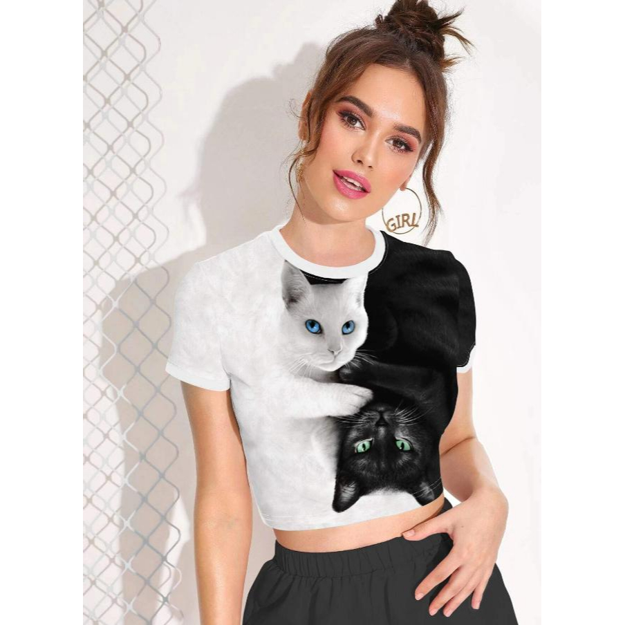 พร้อมส่งด่วนจากไทย เสื้อยืด ครอป แขนสั้น ลายแมว ลายกราฟฟิก ขาว-ดำ Cop.046