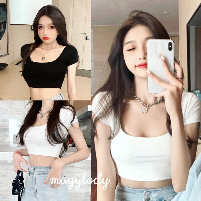 mayylody Crop Top ครอปท็อป เสื้อครอปคอเหลี่ยม แขนสั้น สุดฮิต เสื้อคอเหลี่ยม ครอป สายฝอ เสื้อเรย่อน