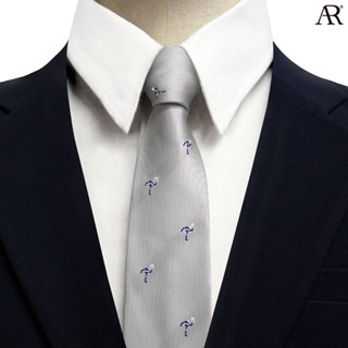 ANGELINO RUFOLO Necktie(NTS-ฟลามิงโก้) เนคไทผ้าไหมทออิตาลี่คุณภาพเยี่ยม ดีไซน์ Flamingo สีเทา