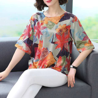 เสื้อยืด พิมพ์ลาย คอกลม แขนสั้น ทรงหลวม ผ้าบาง รุ่น6609