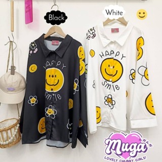 MG0089 เสื้อเชิ้ต ไซส์ใหญ่ แขนยาว หน้ายิ้ม สดใสน่ารัก ผ้าไหมอิตาลี่ มินิมอล ใส่สบาย ไม่ร้อน สีขาว สีดำ สาวอวบ