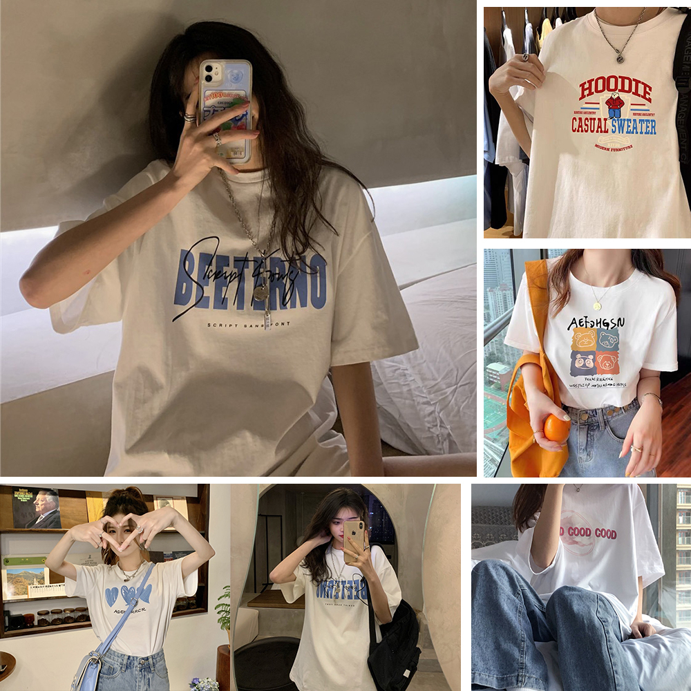 ใหม่ 5 รูปแบบ🔥M-XXL เสื้อยืดผู้หญิงคอกลมแขนสั้น ลายเกาหลี รวมลายการ์ตูนสุดน่ารัก เนื้อผ้านุ่มบางเบา 