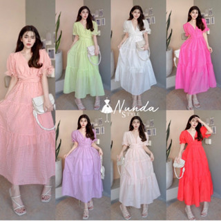 🦄Nunda Style🦄 เดรสยาวคอวี ผ้าปแก้วลายตาราง​ งานมีซับในลุคเจ้าหญิงสุดๆ