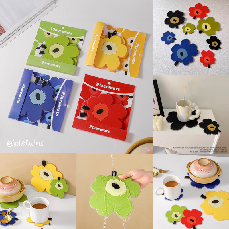 พร้อมส่ง เซต 2 ชิ้น แผ่นรองลายดอกไม้ รองหม้อ จานชาม ที่รองแก้ว ซิลิโคน น่ารัก Coaster 28001