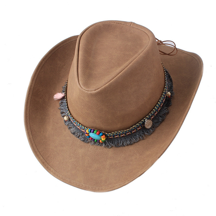 05X9 หมวก Cowboy หนังกลับสุดคลาสสิค ทรงวินเทจ มีสายรัดคาง ทำจากหนังเทียมเกรดพรีเมี่ยม แข็งแรง ทนทาน