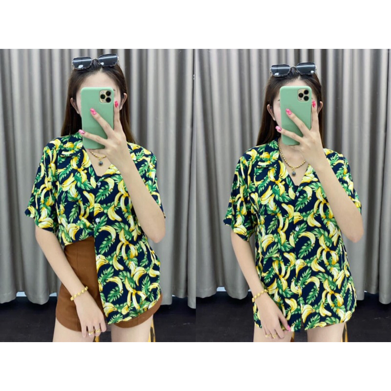 เสื้อฮาวายผ้าสปันลายกล้วยฟรีไซร้อก32-40ยาว25