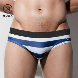 Noxx Swim Briefs: กางเกงว่ายน้ำ บรีฟ แถบสีน้ำเงินขาว ขอบเอวสีดำ