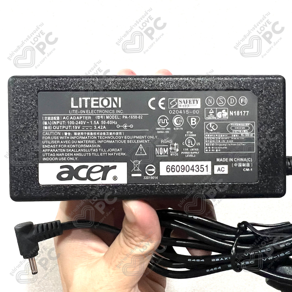 อะแดปเตอร์โน๊ตบุ๊ค Acer 19V3.42A(65W)*หัวขนาด3.0x1.1mm.[พร้อมสายไฟAC Power]Swift3 SF314-41 SF314-42 SF314-52  V13 V3-371