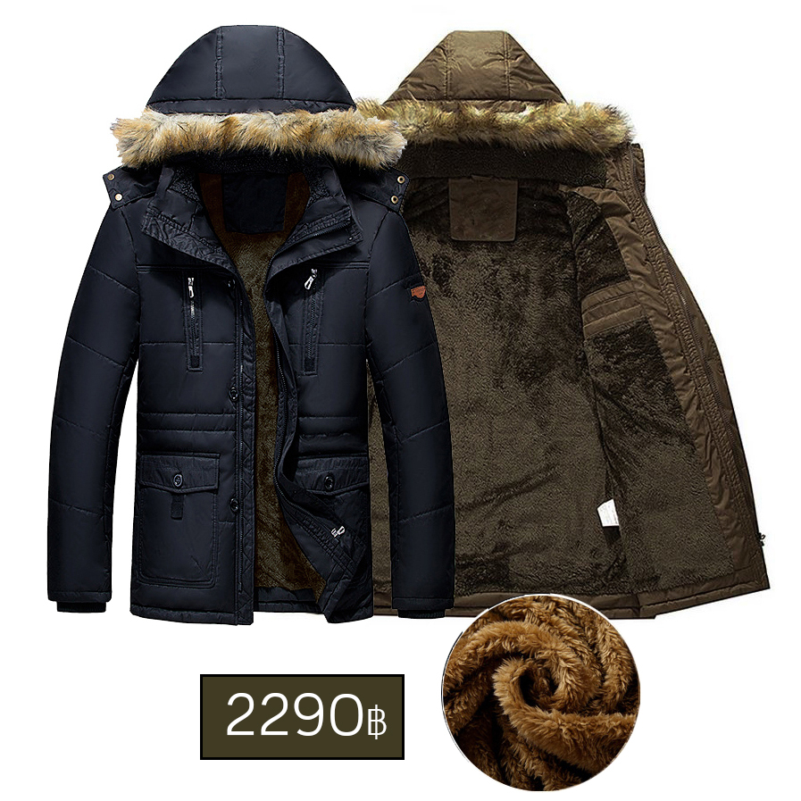 10112MM เสื้อโค้ทผู้ชาย หนามาก แต่งฮู้ดเฟอร์ กระเป๋าใหญ่ ❄ กันหิมะ