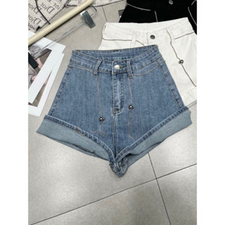 กางเกงขาสั้นเอวสูงชายระบาย FOLDED LEG DENIM SHORTS