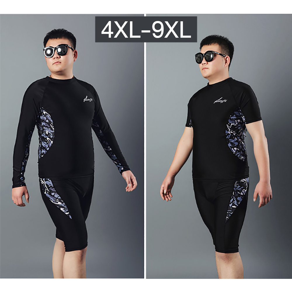ชุดว่ายน้ำชายไซส์ใหญ่  4XL-9XL  เสื้อว่ายน้ำผู้ชาย กางเกงว่ายน้ำชาย ลายพรางสีเทาดำ แขนยาว แขนสั้น