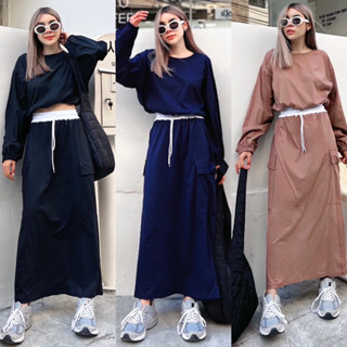 Yunaka ชุดเซ็ต 2 ชิ้น เซทเสื้อคอกลมแขนยาวรูดเอว อก 46-48” Korea Style Skirt Set กระโปรง ทรงคาร์โก้ เอว 22-34”