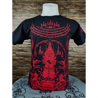 **เสื้อยืด คอกลม ลายไทย สีดำ ลายยันต์ท้าวเวศสุวรรณ สำหรับผู้หญิง-ผู้ชาย ผ้าCotton100% MYDREAMT006ABLACK**