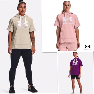 under armour เสื้อฮูดแขนสั้นหญิง เนื้อผ้าฟรีซ cottonผสมโพลีเอสเตอร์ ด้านในบุขนแปรง  ด้านหน้ามีกระเป๋าจิงโจ้ งานสกรีน