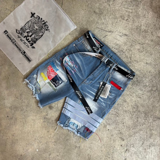 Xavier Blue Wash Zickzack Destroyed denim shorts สไตล์ holdem ยีนส์ฟอก