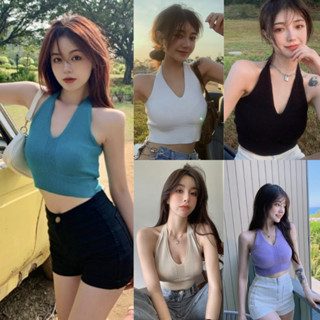 แฟชั่นเกาหลีของสาวๆ เสื้อแขนกุดสวมด้านบนตัว เซ็กซี่ๆ Freesize 5 สี 🤍💙💜 LKB3161 ผ้าไหมพรม เสื้อครอปขนาดเล็กเชือกผูกคอ