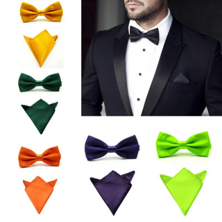 หูกระต่าย โบว์ไท โบว์ ผ้าเช็คหน้า Wedding Bow Tie Pocket Square Handkerchief Set - 1 ชุด มี 2 ชิ้น