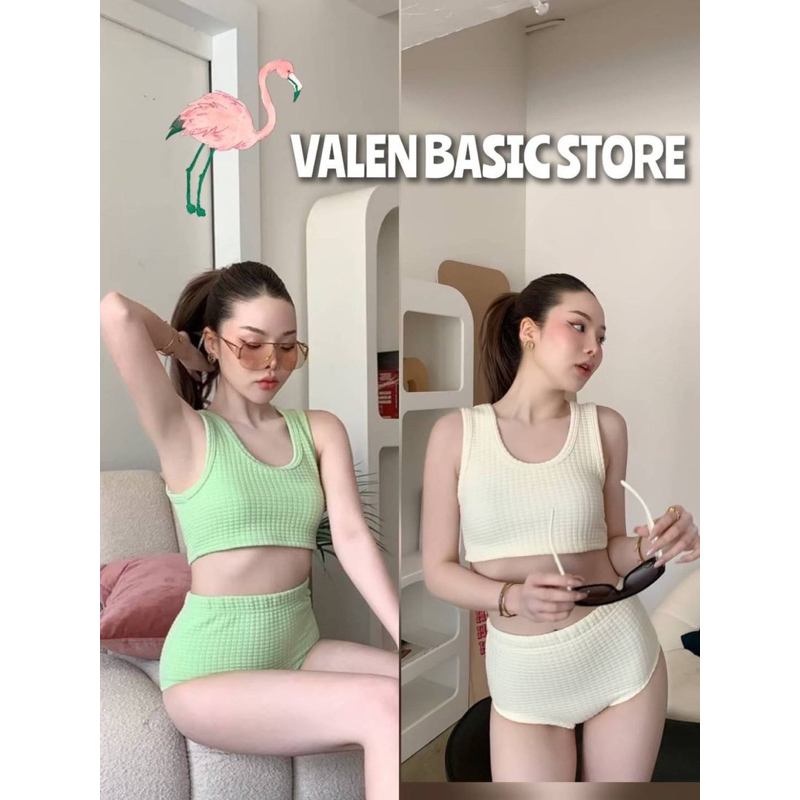 VALEN BASIC STORE💛💚ชุดว่ายน้ำ ทูพีช วาฟเฟิล