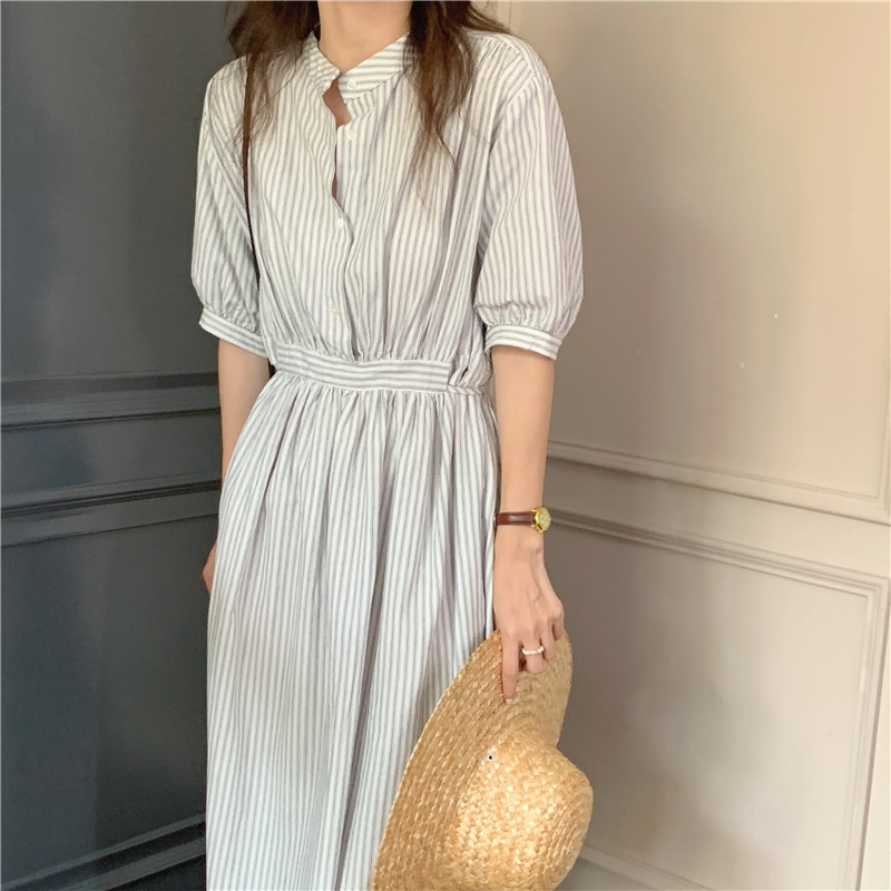 พร้อมส่ง เดรสยาวมินิมอล เดรสลายทาง กระดุมช่วงอก ใส่สบาย เอวรูดปรับได้ - รูปที่ 3