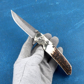 มีดพับ มีดพก Folding pocket knife มีดพับดามัสกัส เหล็ก Damascus แท้ ใบ 3.2" Liner lock ด้าม ขก. Antler handle มีดแคมป์