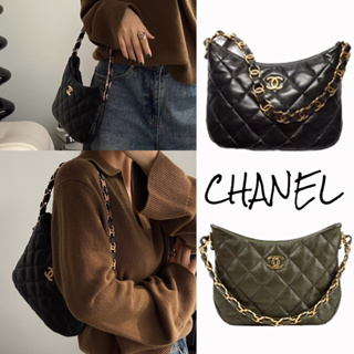 CHANEL chanel  โลโก้ โลโก้โลหะ Plaid/โลหะสีทอง กระเป๋าฮิปปี้ Hobo กระเป๋าสะพายใต้วงแขน กระเป๋าสะพายข้าง ผู้หญิง