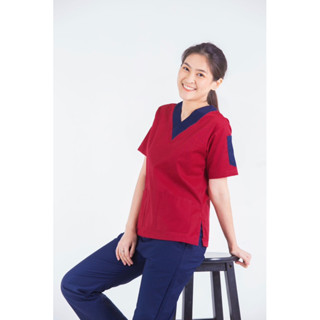 scrubvet: เสื้อสครับสีไวน์แดงตัดขอบกรมเข้ม