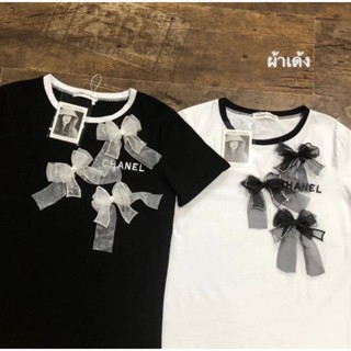 เสื้อคอกลมแขนสั้นผ้าเด้งแต่งอ่ะไหล่ปักLOGO