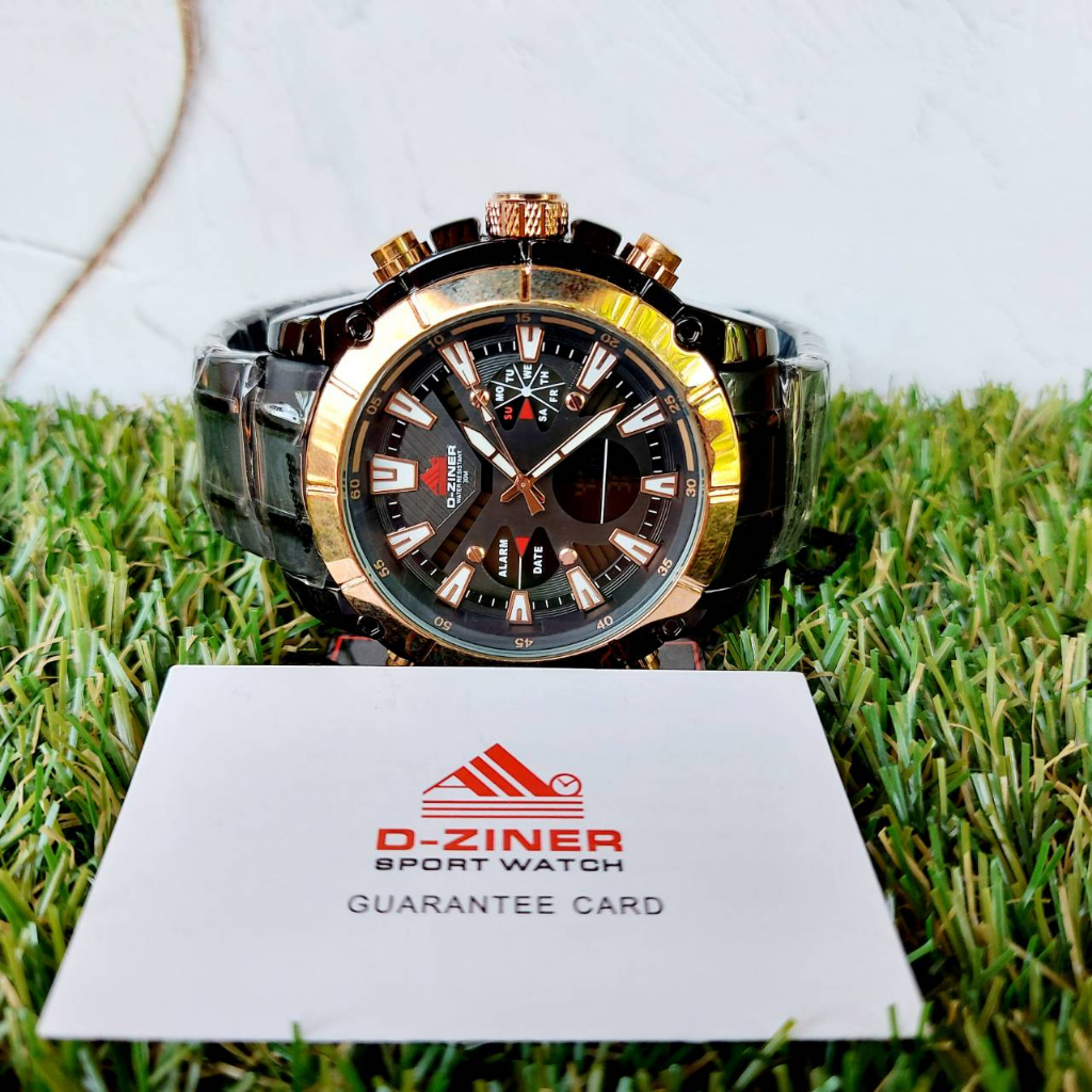 D-ZINER รุ่นใหม่!!!นาฬิกาข้อมือชาย ระบบQuartz 2ระบบ สายสแตนเลสดำหน้าดำขอบพิ้ง เครื่องญี่ปุ่น แถมกล่อ
