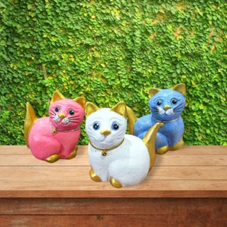 🐱💗แมวนั่ง น่ารักปุ๊กปิ๊ก สีขาว สีชมพู สีฟ้า ขนาด 4 นิ้ว แกะสลักจากไม้จามจุรี(ไม้ฉำฉา)