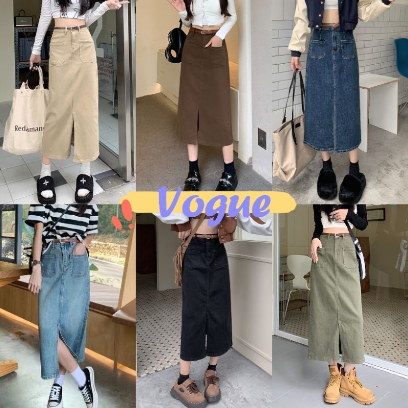Vogue🌟พร้อมส่ง🌟 กระโปรงยีนส์ เอวสูง (แถมเข็มขัด)กระโปรงยาว ทรงเท่กระเป๋าหน้าเก๋ (008) -NZ -N