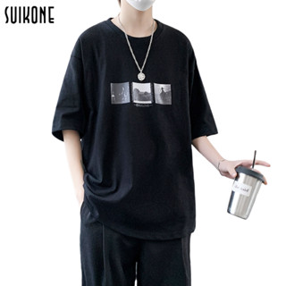 Suikone เสื้อยืดผู้ชายสไตล์เกาหลีหลวมแฟชั่นคู่รักคอกลมแขนสั้น