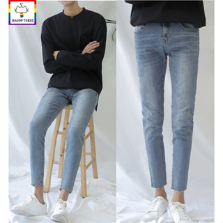 ราคากางเกงยีนส์ยืดฟอกสีฟ้าซีดปลายขาดขา9ส่วนสไตล์เกาหลี#861-พร้อมส่ง