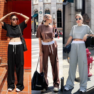 Renita ชุดเซ็ต 2 ชิ้น เซทเสื้อครอปแขนสั้น อก 40-46” Crop Top Street Set กางเกงขายาว ทรงกระบอก ทรงคาร์โก้ เอว 22-38”