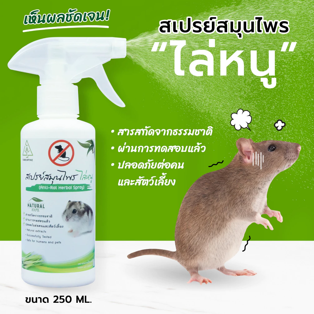 ‼️ไล่หนู‼️ SAMUNPINE สเปรย์ไล่หนู ป้องกันหนู ใช้ห้องเครื่องรถยนต์ได้ สารสกัดธรรมชาติ ขนาด 250 ml.