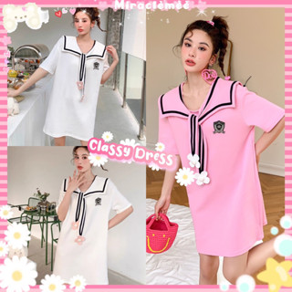 Classy Dress เดรสคอบัว แต่งดอกไม้ สีพื้นตัดสีกุ๊นขอบ เป็นผ้ายืดเนื้อดี เดรสกระโปรง เดรสคอกลม งานน่ารักมาก