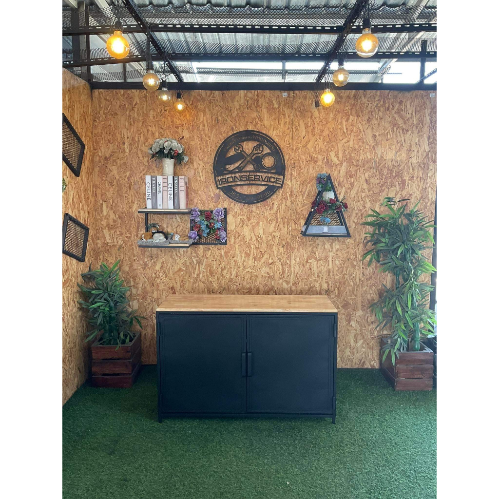 IRONSERVICE : ตู้เก็บรองเท้า บานพับ ท็อปไม้"โครงเหล็กกันสนิม" ไม้แท้เคลือบเงาใส \\จัดส่งเร็ว//