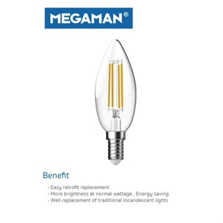 LED Filament C35 Candle ทรงจำปา 4W E14 แก้วใส 2700K E14 Megaman