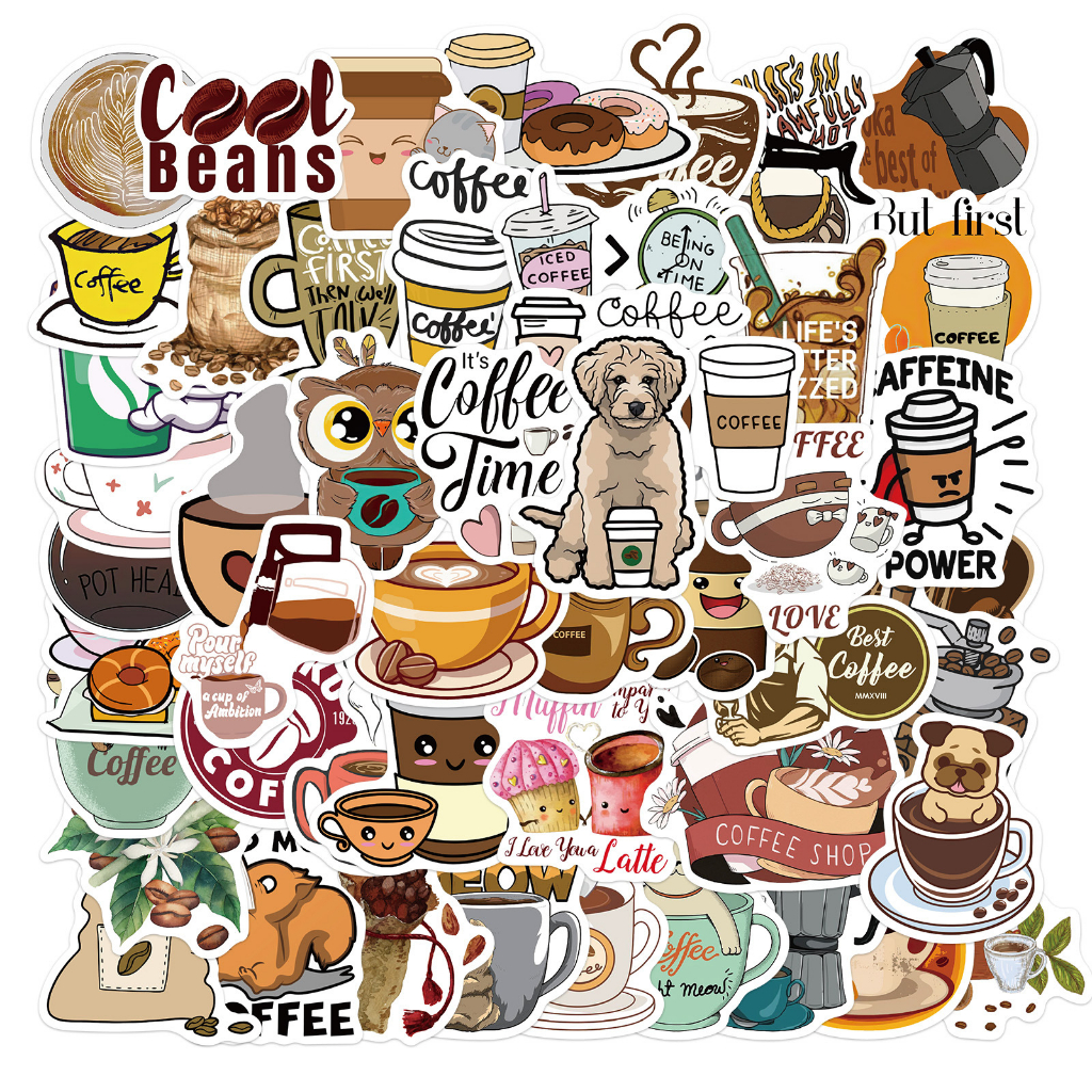 พร้อมส่ง อาหาร แฮมเบอร์เกอร์ โดนัท เค้ก coffee กาแฟ ชานม sticker สติกเกอร์ก Food 50pcs