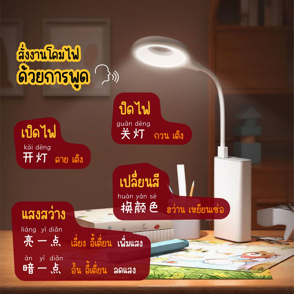พร้อมส่ง โคมไฟตั้งโต๊ะควบคุมด้วยเสียง โคมไฟตั้งโต๊ะ LED ควบคุมด้วยเสียง ชาร์จผ่าน USB