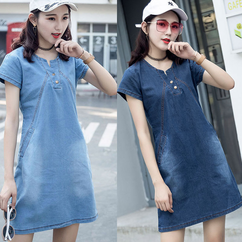 M-5XL!!!เดรสยีนส์แขนสั้นผู้หญิง ทุกวัน, บางพอดี, ชุด A-line กระโปรงยีนส์ จัดส่งจากประเทศไทย！