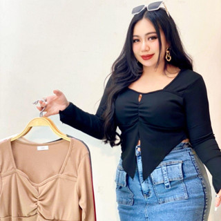 100KG Plus size เสื้อครอปสาวอวบ เนื้อผ้าร่อง รุ่นสุขสันต์ (T8)