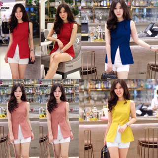 🌸🍃8999🍃🌸 Set 2 ชิ้น เสื้อแขนกุด ผ่าหน้าสีพื้น ผ้าซาร่า มาคู่กับกางเกงขาสั้น