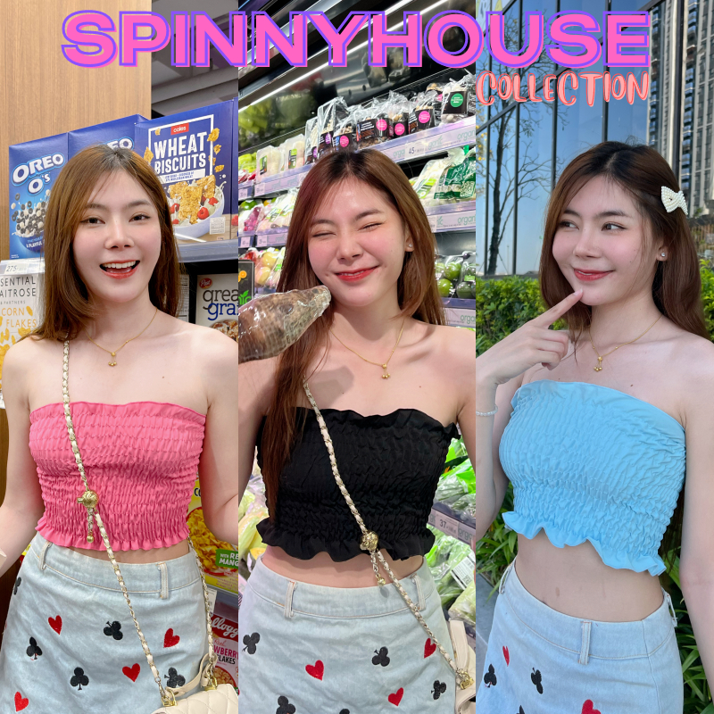 SpinnyHouse เสื้อไปทะเล ต้อนรับซัมเมอร์ค่า เกาะอกสม็อค เสื้อครอปเกาะอก เอวลอย รุ่น 62 ฮาจิบัง O104D